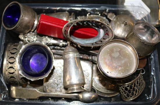 George V 5-pce silver condiment set, sundry small silver, cigarette cases, other condiments, etc & a cased plated souvenir tot set (Q)